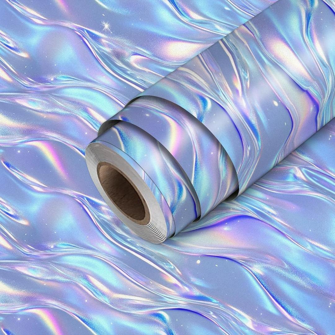 HOMETITUTE Shimmering Lilac Blue Wave Pattern Wallpaper Peel and Stick Contact Paper Wall Paper Stick 17.7" x 118.1" Self Adhesive Removable Vinyl Wall Covering Bedroom Kitchen Bathroom Home Decor