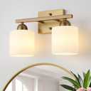 Stainless Steel Milk Glass Bathroom Vanity Light Over Mirror, 2 Light Brushed Brass Bathroom Light Fixtures with Frosted Glass, Modern Vanity Lighting Wall Mount