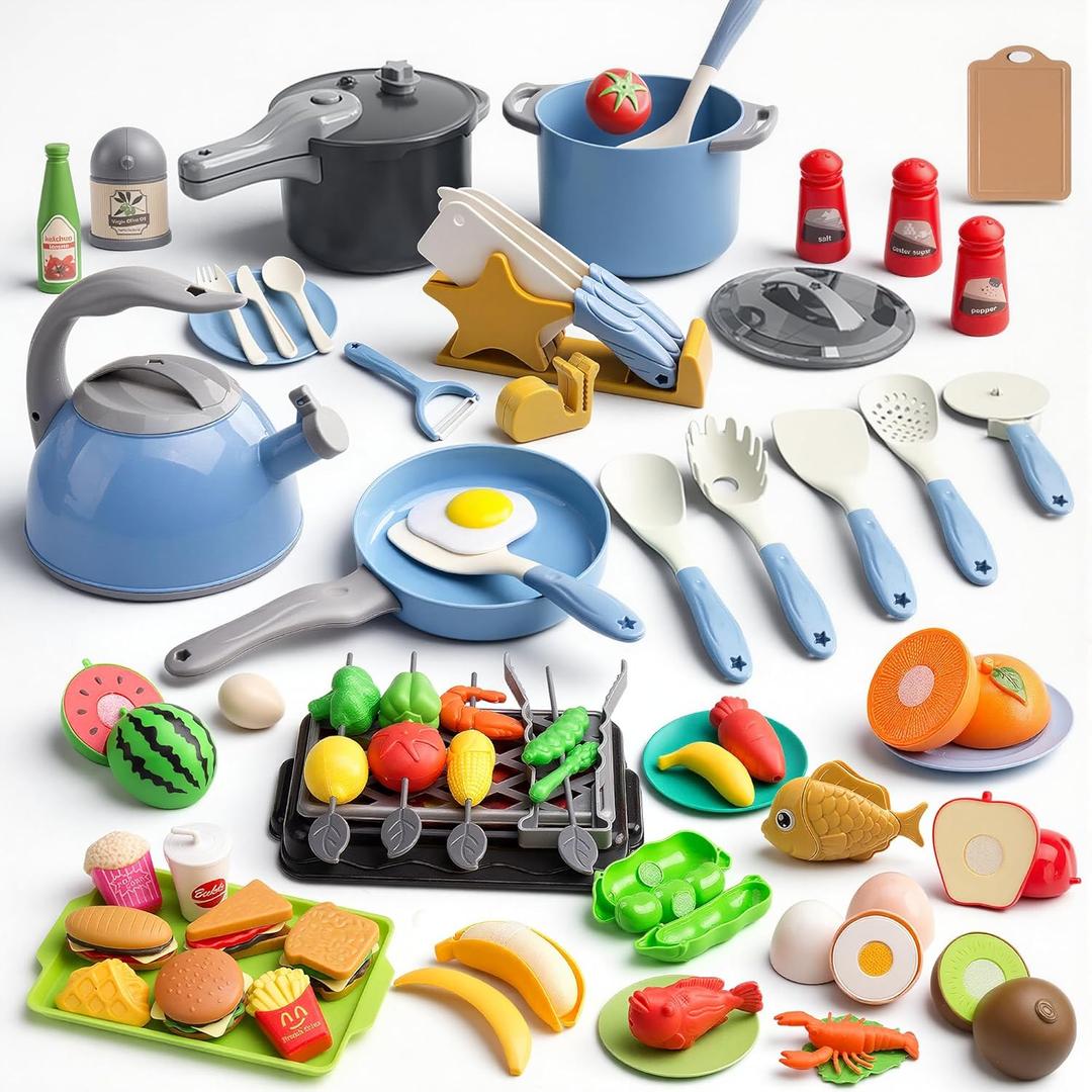 105Pcs Kids Kitchen Toy Accessories, Toddler Pretend BBQ Camping Cooking Playset, Play Pots, Pans, Utensils Cookware Toys, Play Food Set, Vegetables, Learning Gift for Girls Boys (Blue)