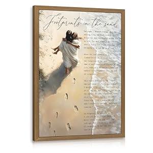 Clicyre Footprints in the Sand Christian Wall Art, Jesus Holding Child Canvas Print, Inspirational Bible Verse Poem Scripture Beach Artwork for Bedroom Prayer Room Church Wood Framed 16x24 Inch