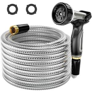 1/2" 304 Stainless Steel Garden Hose, 25FT Water Pipe with Heavy Duty Metal Nozzle for Yard, Outdoor, Lawn - Flexible, Never Kink & Tangle, Puncture Resistant