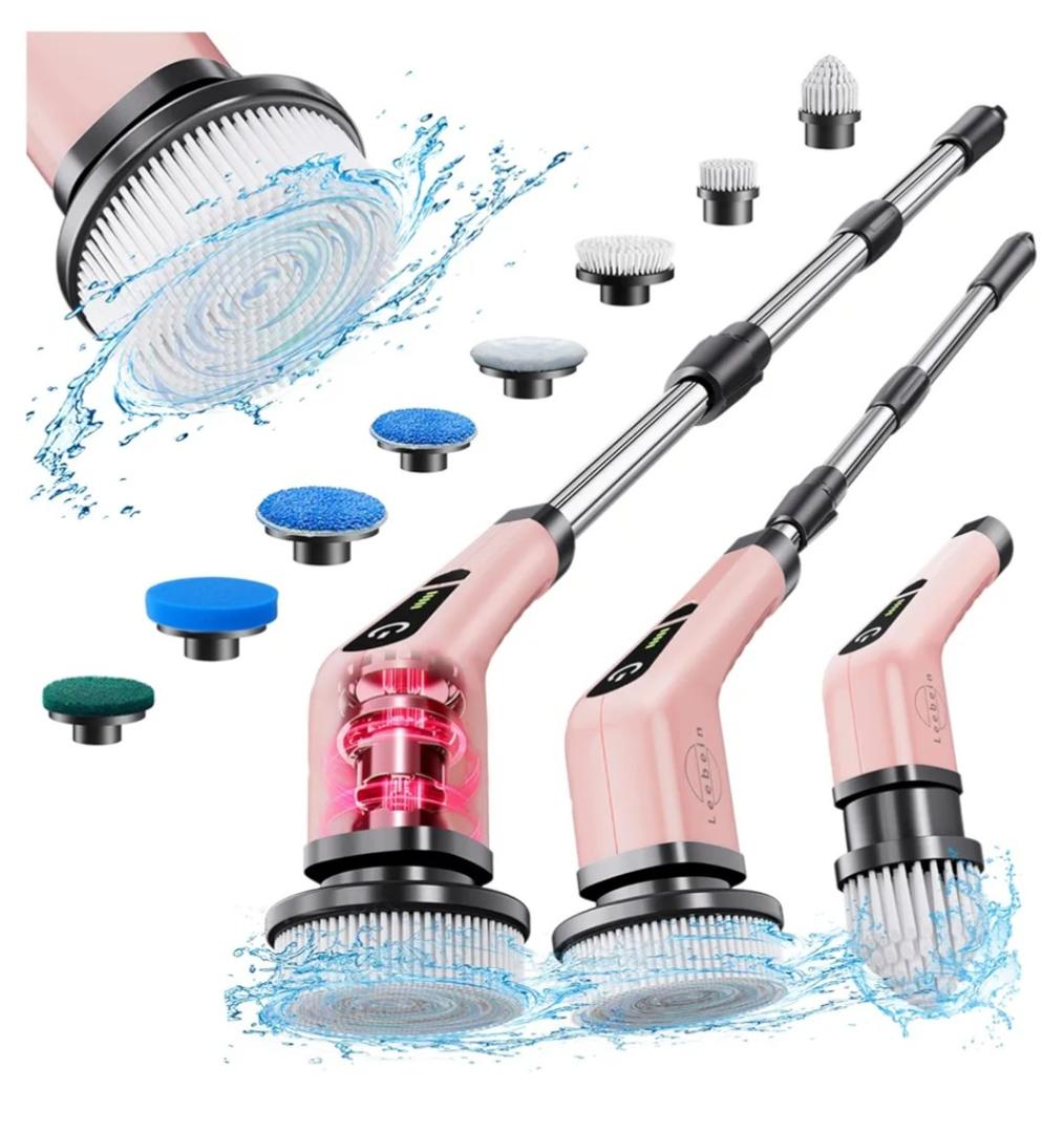 Leebein Electric Spin Scrubber, Cordless Powerful Scrub Brush for Cleaning Bathroom, Kitchen, Shower Tub and Floor Tile with Adjustable Extension Long Handle and 8 Replaceable Brush Heads(Rose)