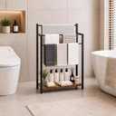 24.8" W Freestanding Towel Rack, 3 Tier Blanket Ladder Stand with Rustic Brown Wooden Shelf for Bathroom Living Room