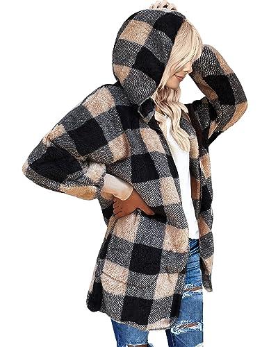 LookbookStore Womens Cardigan 2026 Winter Oversized Open Front Fleece Hooded Draped Pockets Jacket Coats Black Apricot Plaid Large