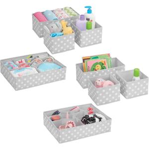 mDesign Fabric Drawer Organizer Bins, Kids/Baby Nursery Dresser, Closet, Shelf, Playroom Organization, Hold Clothes, Toys, Diapers, Bibs, Blankets, Set of 4, 2 Pack, Gray/White Polka Dot