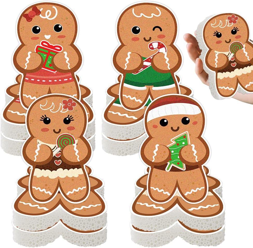 Christmas Gingerbread Man Kitchen Sponges, Non-Scratch Dish Washing Scrubbers for Holiday Home Cleaning, 12 Pack