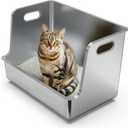 One-Piece Stainless Steel Litter Box, 14.5" High-Side XL Metal Cat Litter Box, Extra Wide Entry Pet Toilet, Cat Litter Station with Wheels, Easy to Move, Non-Stick, No Odor, for Big or Multiple Cats
