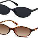 KUGUAOK Retro Oval Sunglasses for Women 90s Design Small Cat Eye Sun Glasses UV Protection Y2k Trendy Narrow Shades (One Size, Black+leopard)