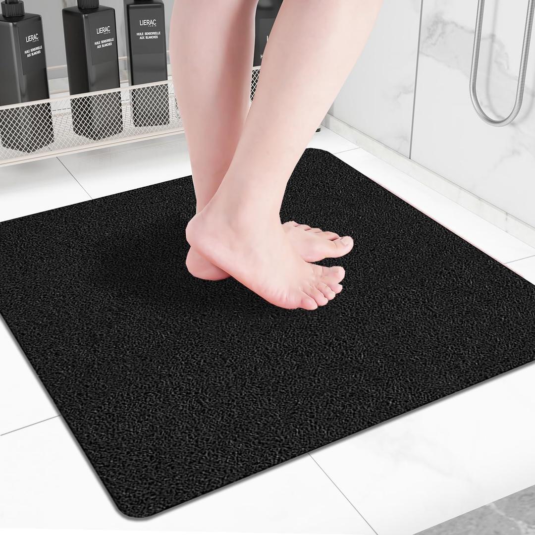 Square Non-Slip Shower Mat 24x24 Inches, Quick-Draining Bath Mat for Shower Floor, PVC Loofah Textured Shower Stall Mat, Secure Anti-Slip Bathroom Mat, Boho Style Bath Mat (Black)