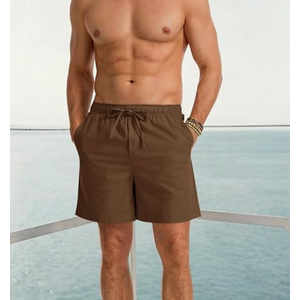 Mens Linen Shorts Elastic Waist Drawstring Summer Beach Golf Shorts Brown Medium