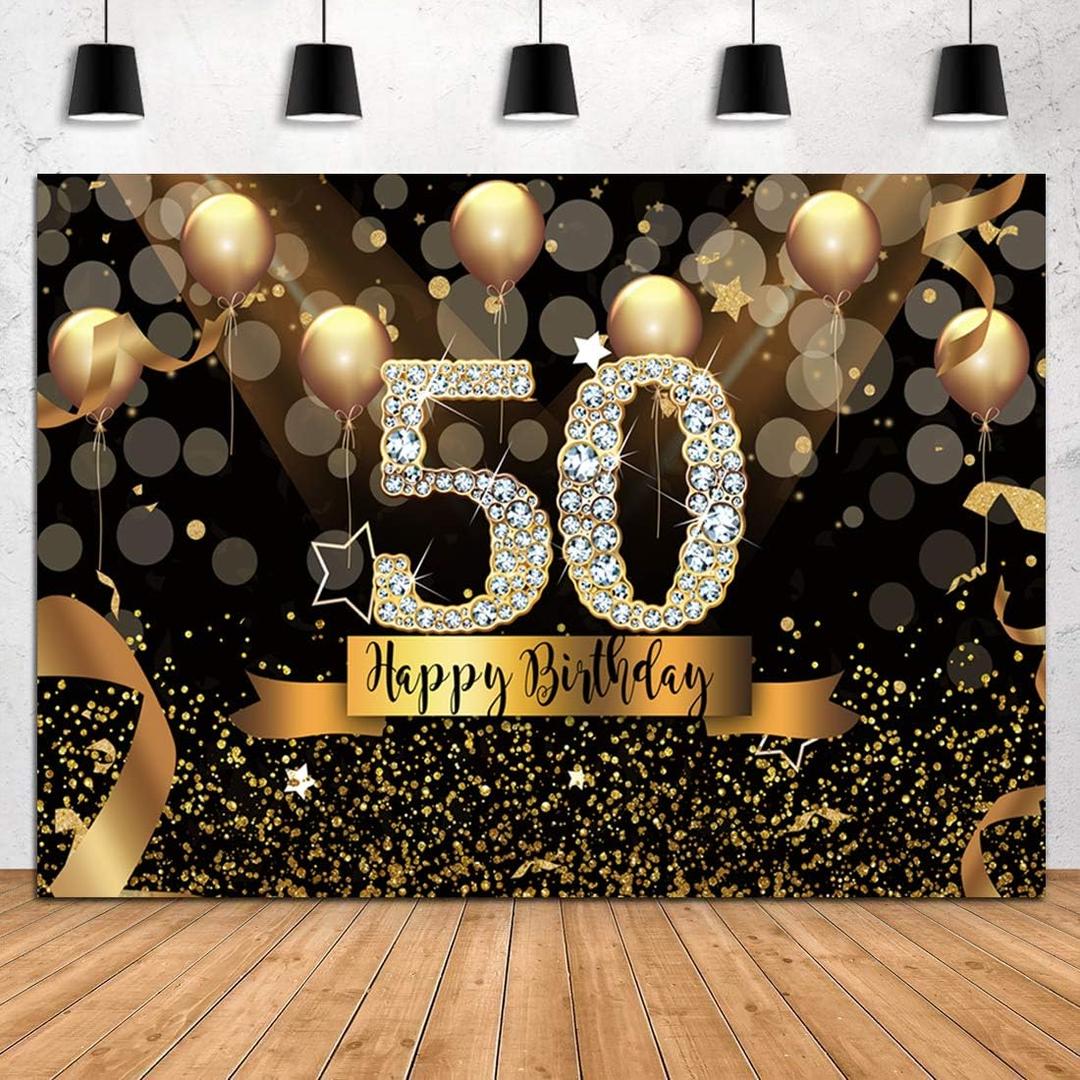 Sensfun 7x5ft Happy 50th Birthday Party Photography Backdrop Glitter Black and Gold Balloons Background for Woman Fabulous 50 Bday Party Decorations Shining Diamond Fifty Years Old Photo Booth Banner