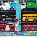 Toy Cars for Toddlers - 6Pcs Pull Back Cars Toys with Light and Sounds, City and emergency vehicles set, Including Police Car, Fire Truck, Ambulance, School bus, Tour Bus, Garbage Truck