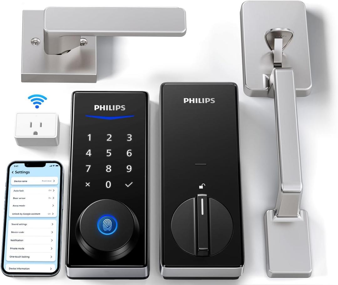 Philips Wi-Fi Smart Lock with Handle, Keyless Entry Keypad Door Lock with Handle, Front Door Deadbolt Set with WiFi Gateway, App Control, Fingerprint Unlock, PIN Code Unlock, Auto Locking (Nickel)
