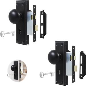 2 Pack Mortise Keyed Lock Set with Classic Bronze Knob Perfect for Replacing Broken Antique Lock Sets and More, Fits 1-3/8 in.-1-3/4 in. Interior Doors Replacement Hardware (Matte Black)
