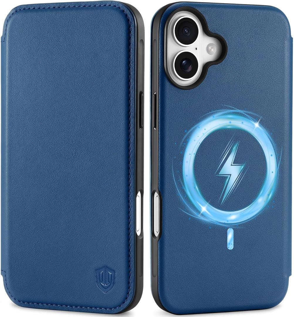 SHIELDON Case for iPhone 16 5G 2024, Genuine Leather Wallet Slim Book Flip RFID Blocking Card Slot Magnetic Shock Absorbing Wireless Charging Case Compatible with iPhone 16 6.1" - Nappa Royal Blue