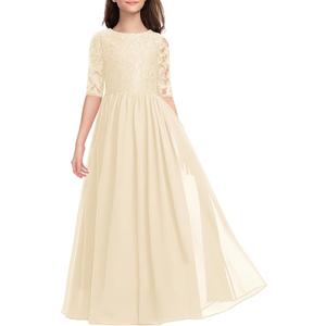 HOSIKA Flower Girls Dress Elegant Vintage Lace Chiffon A-Line Formal Birthday Wedding Party Floor Length Dress, 12-13Y