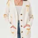 2 x Saodimallsu Womens Oversized Cardigan Sweaters Bow Printed Button V Neck Long Sleeve Loose Knit Fall Trendy Coats Khaki (Beige)