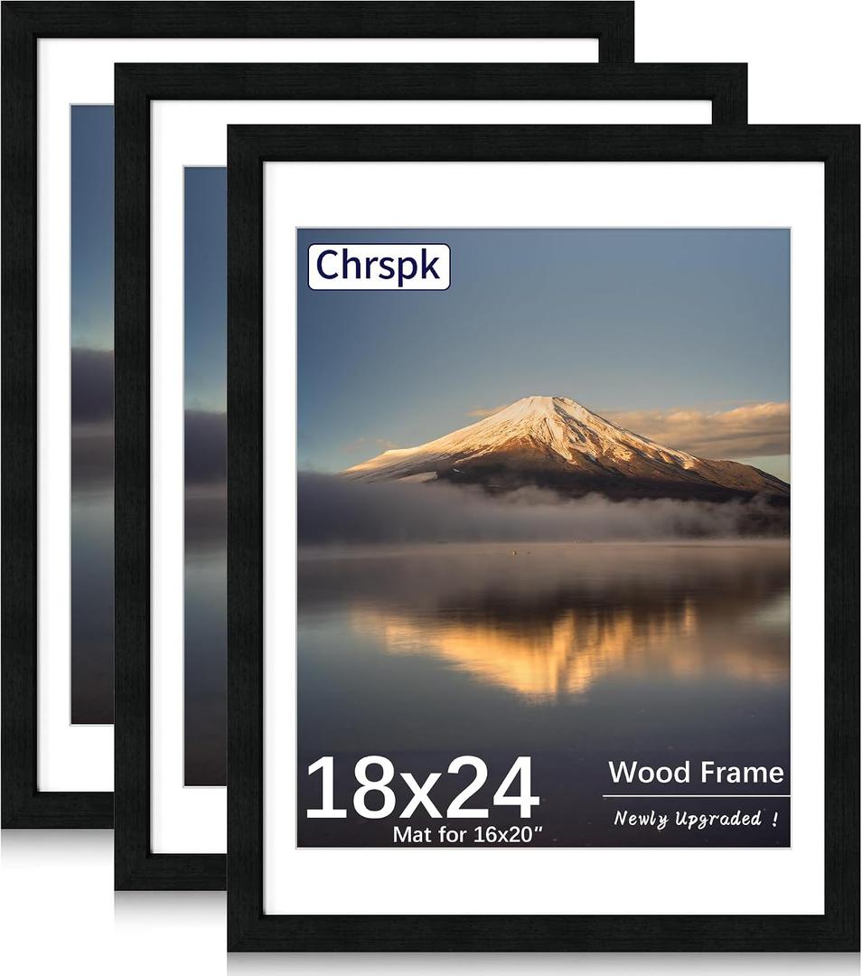 18X24 Poster Frame, Display Pictures 16X20 with Mat or 18X24 without, Wall Hanging Frames, Black, 3 Pack