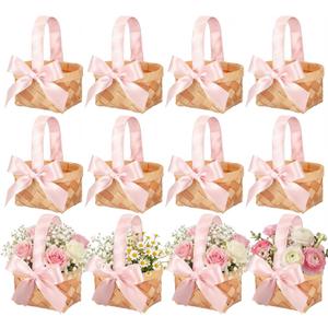 Geelin 12 Pcs Mini Flower Girl Basket Mini Woven Baskets with Handles Wood Chip Flower Fruit Picnic Holder with Pink Ribbon Chip Bucket for Wedding Party Gifts Baby Shower Birthday Party Decoration