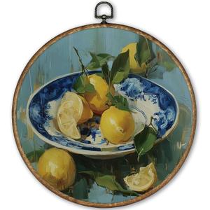 TLESKE Vintage Italian Lemon Kitchen Round Wall Art Decor Framed 10x10, Mediterranean Lemon Chinoiserie Bow Canvas Wall Art Prints Artwork, Summer Hanging Wall Picture Decor for Home Dining Room