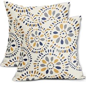 Blue and Yellow Throw Pillow Covers 18x18 Set of 2 Navy Yellow Grey Gray Boho Geometric Flower Pattern Print Decorative Pillowcases Farmhouse Outdoor Square Cushion Cases Decor for Sofa Bed Couch