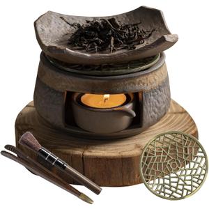 Cedar Aromatherapy Burner & Ceramic Oil Warmer for Home & Office (Heat-Resistant Tile Baking Tray + Stone-Patterned Oven + Old elm Wood mat + Accessories)