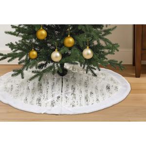 Simgoing 36 Inch Silver White Christmas Tree Skirt, Faux Fur Plush Trim & Silver Metallic Brushed Foil Print, Soft Thick Christmas Decorations Tree Base Mat for Holiday Xmas Home Party Decor