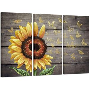 Artsbay Sunflower Wall Decor Sunflower Kitchen Decor Yellow Flower Butterfly Picture Print for Living Room Bedroom 48" W x 32" H x 3PC