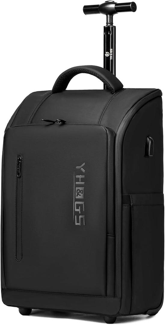 Rolling Backpack with Wheels, Waterproof Wheeled Backpack with USB Ports for Men Women, 15.6 Inch Travel Laptop Backpack with Wheels for Adults, Roller Carry-On Luggage Bag for Business Work (Black)