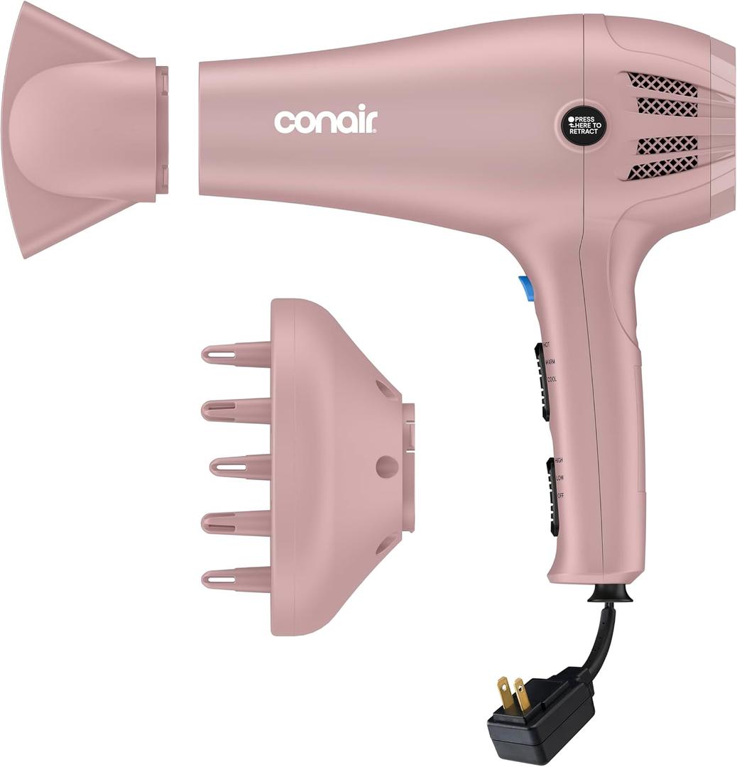 Conair Hair Dryer with Retractable Cord, 1875W Blow Dryer, 3 Heat Settings, 2 Speeds, Blow Dryer with Diffuser and Concentrator Attachments, Ionic + Tourmaline Technology, Matte Light Pink