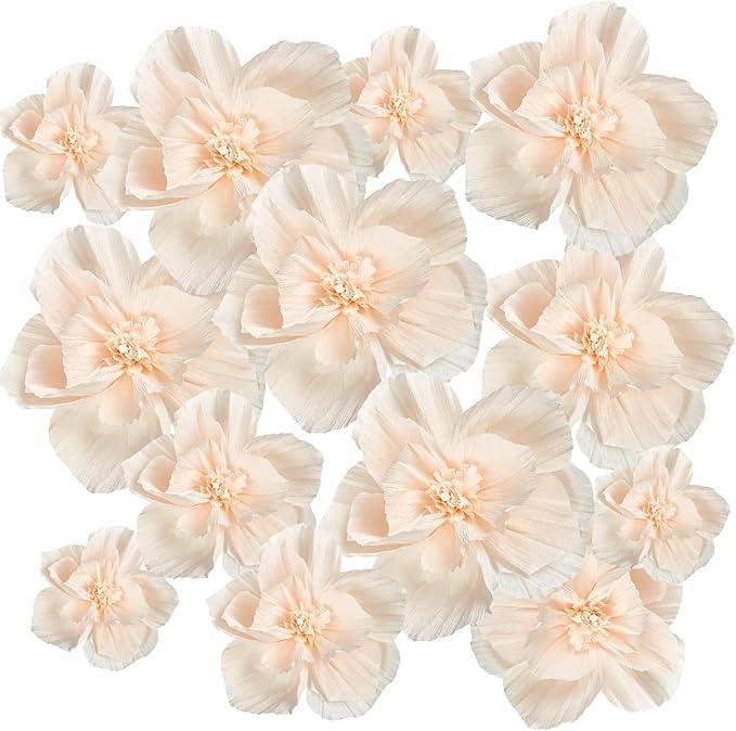 Cholemy 24 Pcs Tissue Paper Flowers, Crepe Paper Flowers Decorations 8" 10" 12" for Wedding Party Baby Bridal Shower Carnival Party Birthday Nursery Wall Decor(Beige)