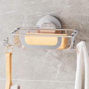 LEVERLOC Bar Soap Holder Dish with Hooks, Soap Tray Suction Cup Wall Mounted for Shower, Stainless Steel Sponge Holder Caddy for Bathroom Kitchen Sink Organizer, Rustproof, Silver (1 Tier)