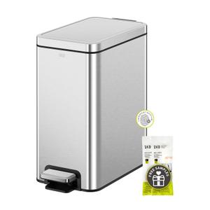 EKO Small Bathroom Trash Can with Lid Soft Close, Step Pedal, 10 Liter / 2.6 Gallon Stainless Steel Garbage Can with Removable Inner Bucket, Anti-Fingerprint Finish (Silver)
