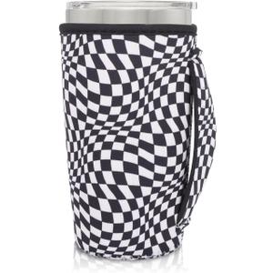 Neoprene Insulated Sleeves Cup Holder with Handle for 20oz Tumbler Cups, Reusable Iced Coffee Sleeve For 30oz - 32oz coffee cups(Black Checkerboard) (20-24 FI OZ Pack of 1)