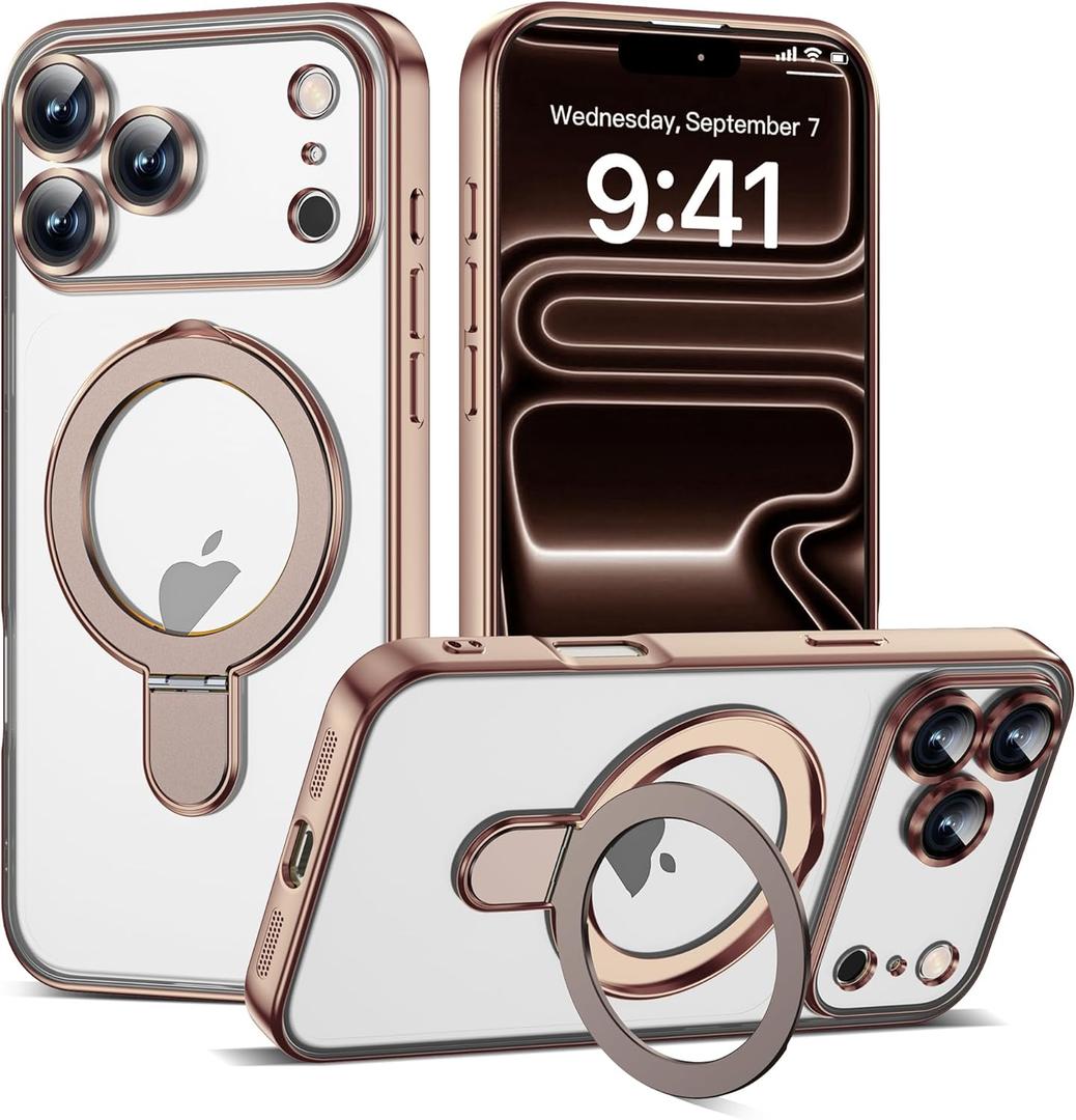 Compatible with iPhone 17 Pro Case with Invisible Magnetic Ring Stand [Compatible with Mag-Safe] [Full Camera Lens Protector] Plating Clear Phone Case for iPhone 17 Pro 6.3", Desert Gold