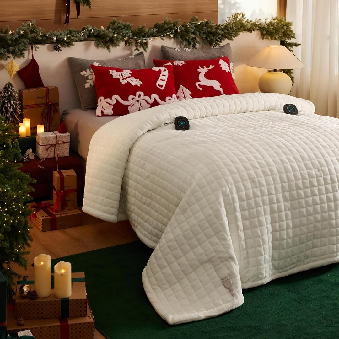 Bedsure Electric Blanket Queen Size - Quilted Winter Bedding of Thick Flannel, Dual Control Heated Blanket with 10 Heat & 10 Time Settings, Fast Heating for Cold Sleepers (84x90 Inches, Ivory)