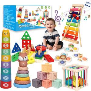LearnToy Baby Toys 18-36 Months, Montessori 7-in-1 Activity Set - Stacking Blocks, Infant Teething Toy & Sensory Bin, Baby Boys & Girls Gifts