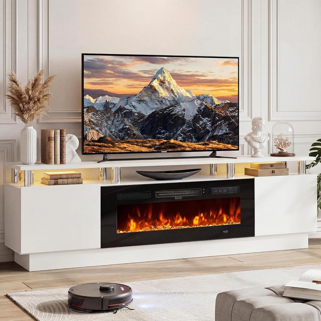 70" Fireplace TV Stand for TVs UP to 80", Electric Fireplace Entertainment Center with LED Lights & Storage Cabinets, TV Console for Living Room, Office, White-Black