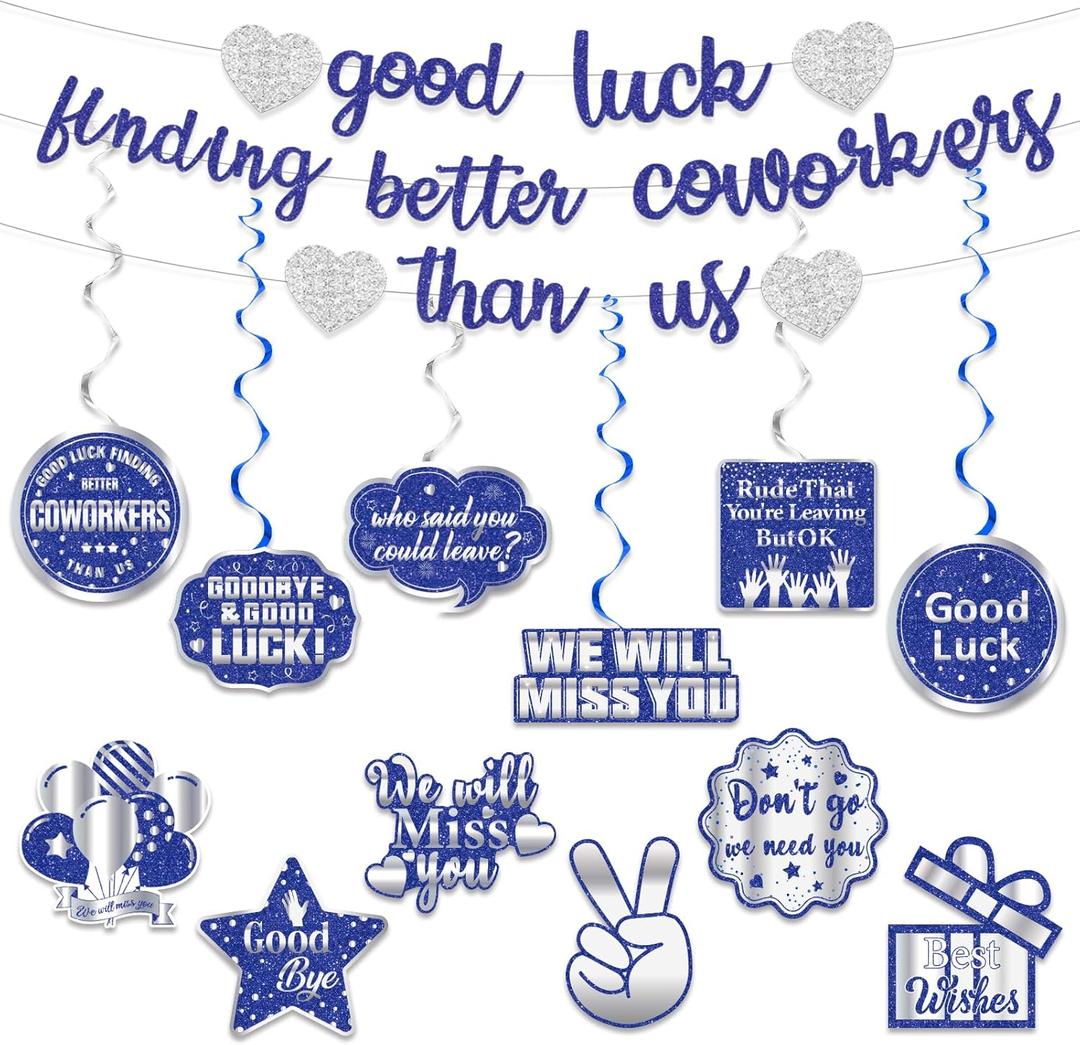 Pre-Strung Glitter Good Luck Finding Better Coworkers Than Us Banner, Blue Silver Going Away Party We Will Miss You Decorations, Great for Goodbye Farewell Job Change Party