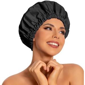 Reusable Shower Cap for Women, Large Waterproof Shower Bonnet Washable Elastic Band Bath Accessories Hair Hat for Long Hair, Braids(Black)