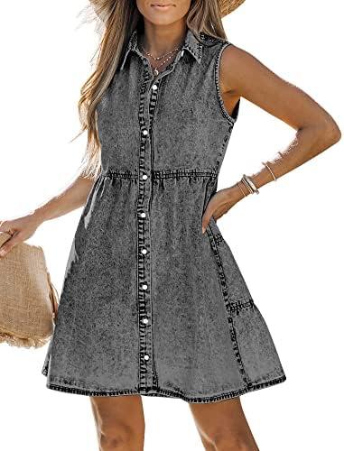 LookbookStore Denim Dress for Women Sleeveless Babydoll Button Down Short Jean Dresses Cute Summer L