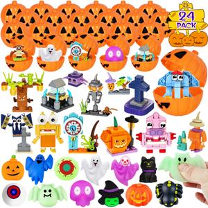 Adisher Halloween Party Favors,12Pcs Mochi Squishy 12Pcs Building Blocks and 24Pcs Pumpkin Boxes, Goodie Bag Fillers Classroom Prizes Trick or Treat Halloween