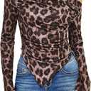 RoseSeek Women's Off Shoulder Tie Dye Mesh T Shirt Long Sleeve Asymmetrical Hem Ruched Fitted Tee Tops (Brown, M)