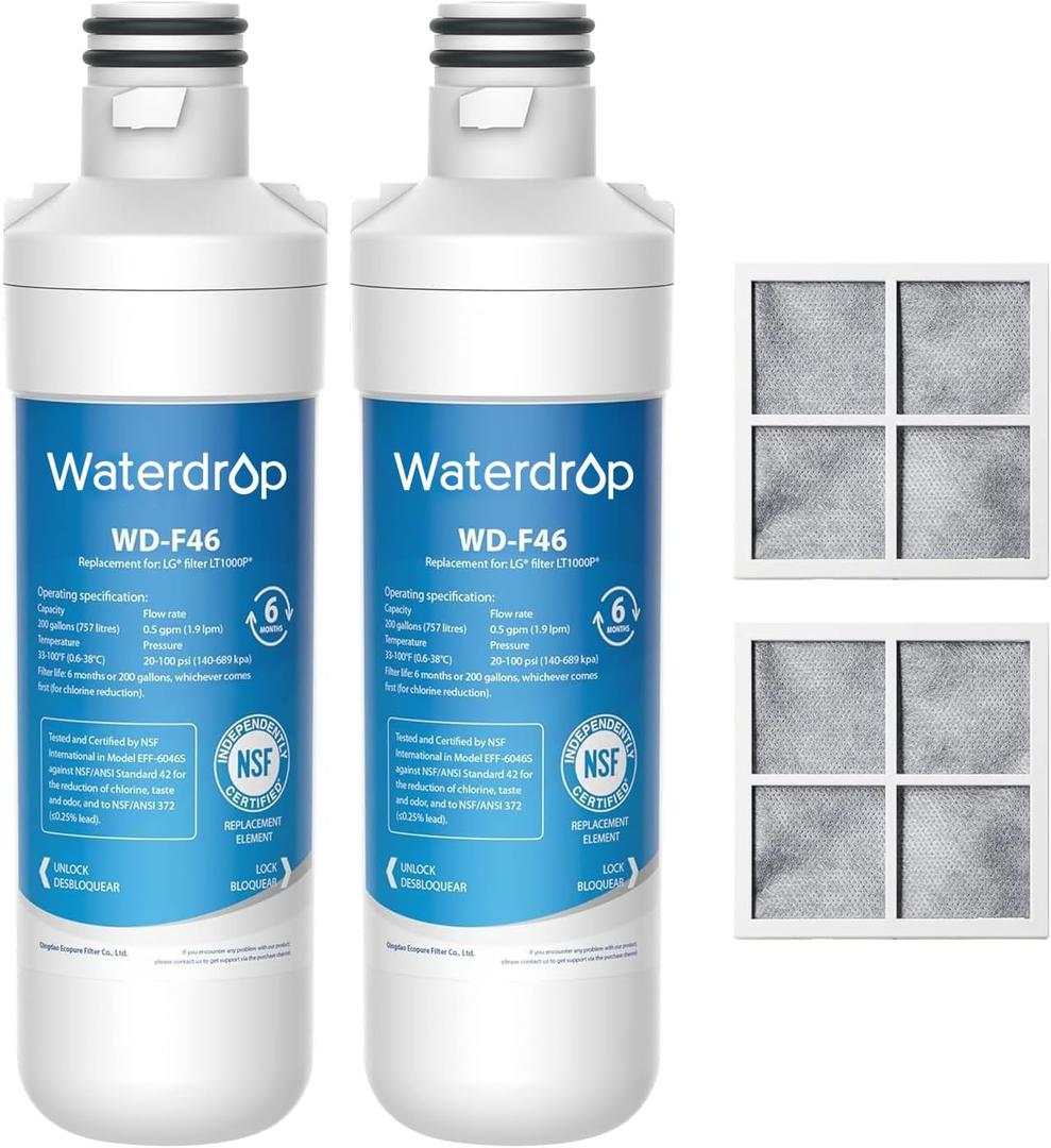 Waterdrop LT1000PC ADQ747935 Refrigerator Water Filter and Air Filter, Replacement for LG® LT1000P®, LMXS28626S, LFXS26973S, LFXS26596S, LFXS28596S, ADQ74793501, ADQ74793502 and LT120F®, 2 Combo