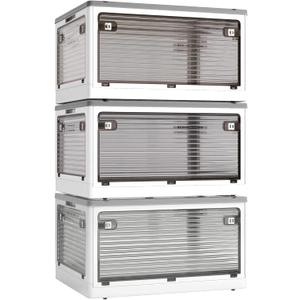 3-Pack Stackable Storage Bins, 83-Liter Collapsible Organizers with 3 Lids, Wheels, Foldable Collapsible Box for Outdoor Camping, White