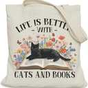 Cat Bookish Gifts Tote Bag for Book Cat Lover, Life is Better with Cats and Books Tote Bag