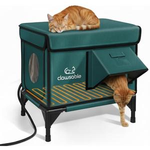 Indestructible Heated Cat House for Outside Winter, 100% Waterproof, Safe Escape Door, Insulated Outdoor Cat Shelter with Heater for Feral Barn Cat Kitty (Forest Green, 13"x17"x18")