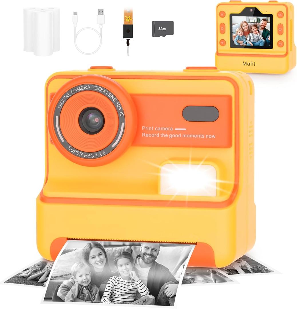 Mafiti Kids Camera Instant Print,1080P Instant Camera for Kids,Selfie Digital Camera with 2.4 Inch Display 1200 mAh Battery,3-12 yrs Girls Boys Toys Presents for Birthday/Xmas/Holiday,Orange