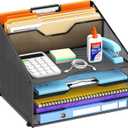 Desk File Organizer, Paper Organizer with 4 Letter Trays and 2 Vertical Upright Sections, Desk Organizers and Accessories for Office, School, Home, Black