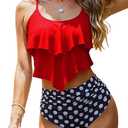 Womens Tankini Swimsuits Ruffled Tank Top Tummy Control Floral Modest Swimwear High Waisted Bikini, Red Polca, 3XL